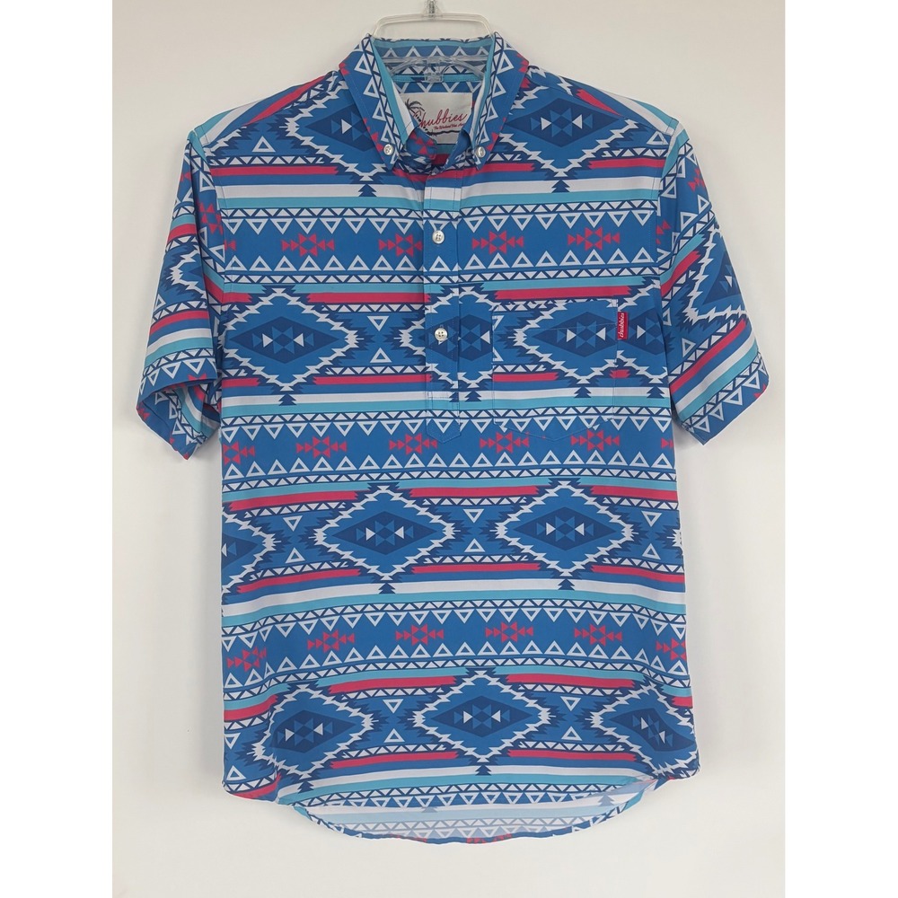 Chubbies Men S Blue Aztec Southwestern Short Sleeve Button Down Shirt Stretch